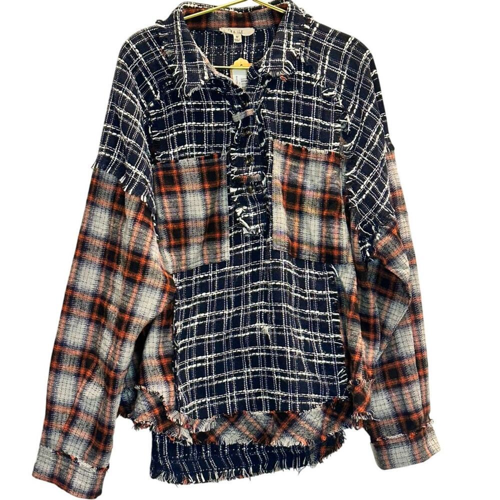 Oli + Hali – Color Block Frayed Hem Plaid Shacket – Blue/Red Plaid – Size Medium